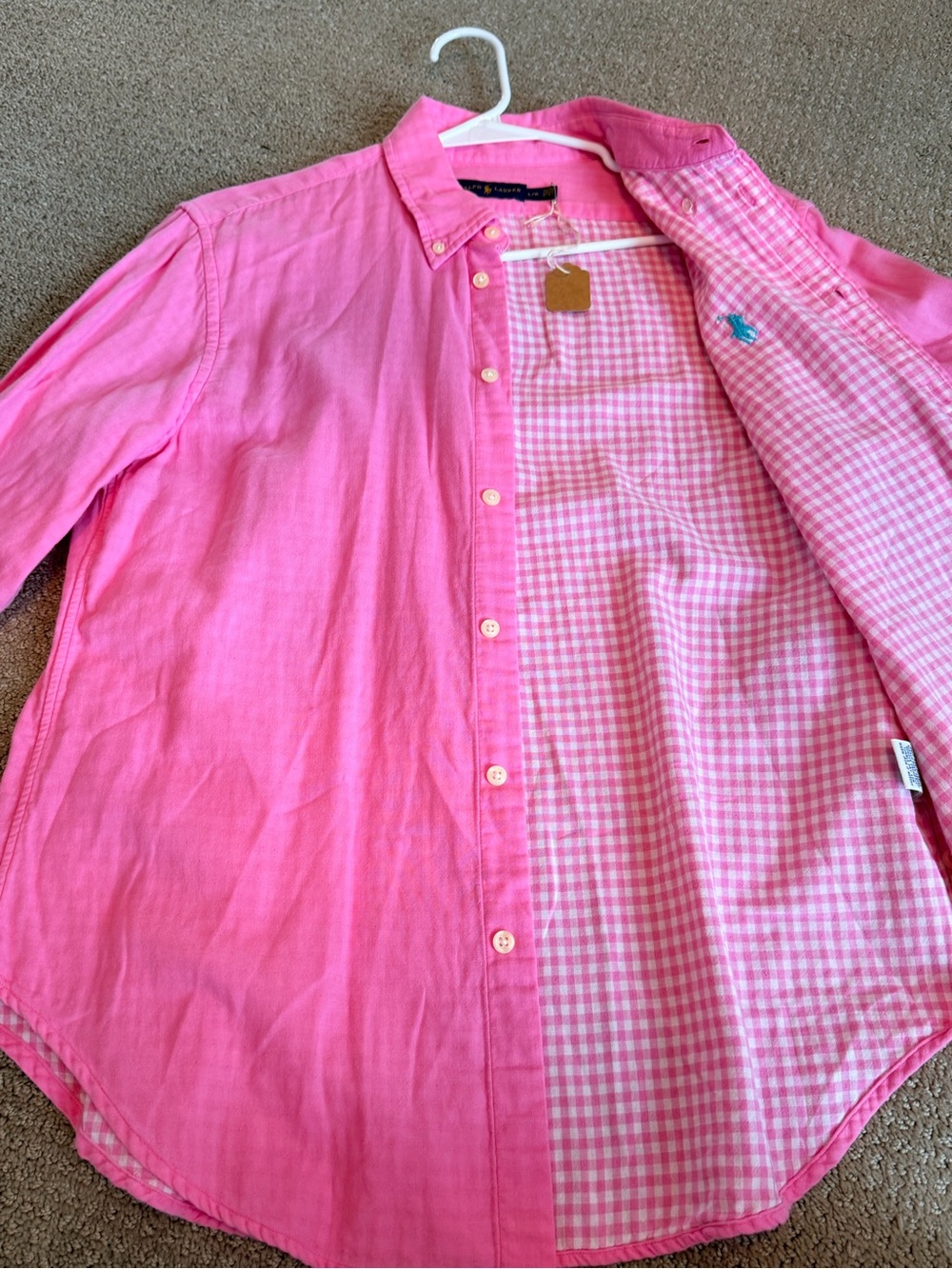 Ralph Lauren Pink Cotton Button Down Shirt with Inside Gingham Print Large NWOT - Picture 7 of 14